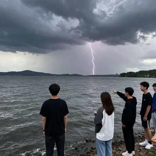 我的朋友们怂恿我在暴风雨中游过湖去。