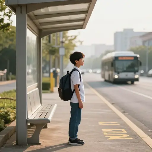 我每天早上在公交车站等车上学。