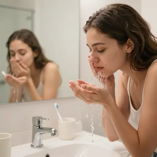 她在洗手台前用一把冷水泼醒了自己清晨的昏沉状态。