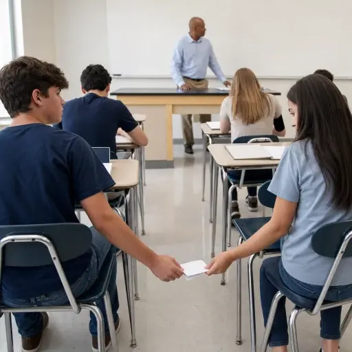 学生们趁老师不注意在课堂上传递纸条。