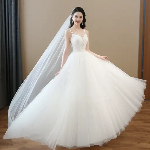 新娘穿着白色婚纱显得格外美丽。