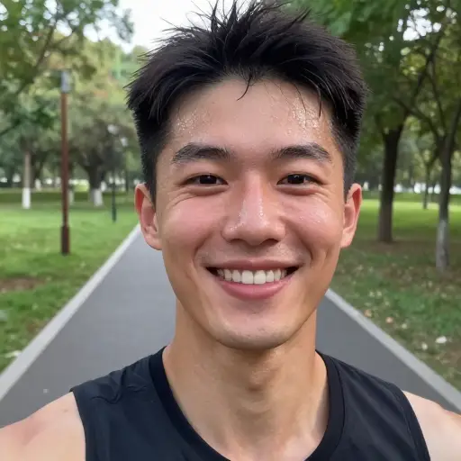 晨跑之后，他的脸上总是洋溢着健康的光泽。