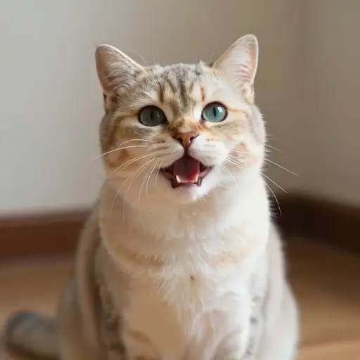 猫发出"喵"声。