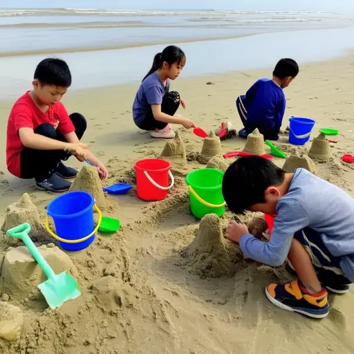 孩子们喜欢在沙滩上堆沙堡。
