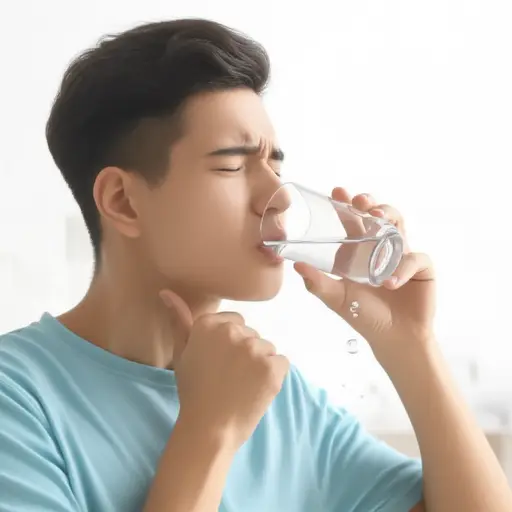 他喝得太快，差点被水呛到。