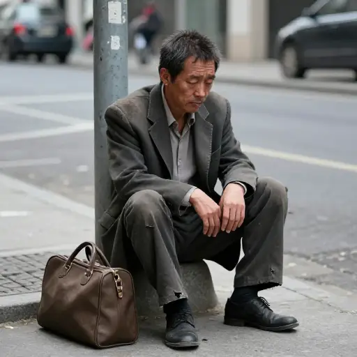 那位曾经成功的商人现在穷困潦倒，流落街头。