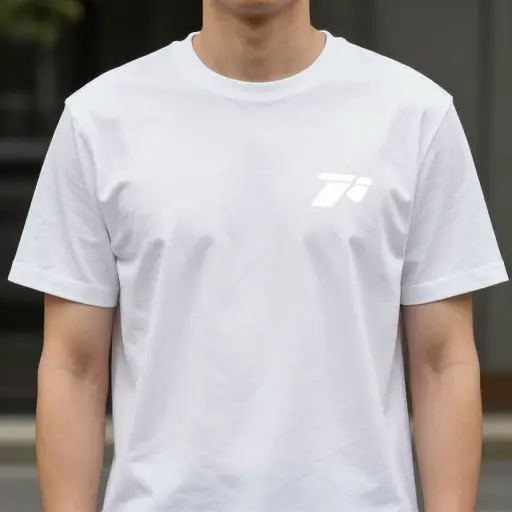 我买了一件印有酷炫白色标志的T恤衫。