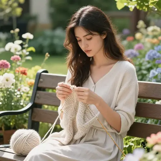 那位年轻姑娘坐在花园里，编织着她的梦想。