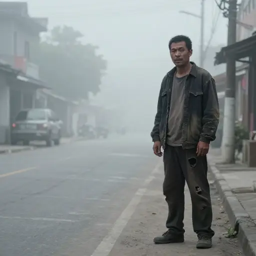 在浓雾中，他设法看到附近站着一个男人，他的衣服肯定已经破旧了。