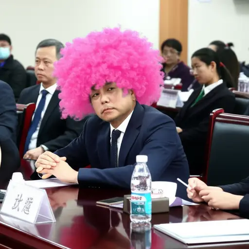 他戴着一顶可笑的粉色假发去开会。