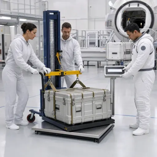 宇航员们正在太空任务前称量他们的设备。