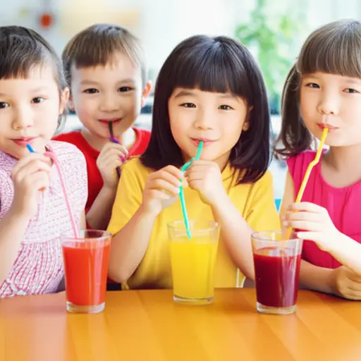 孩子们用吸管喝果汁。