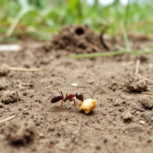 我们看着一只蚂蚁把一块面包屑搬回巢穴。