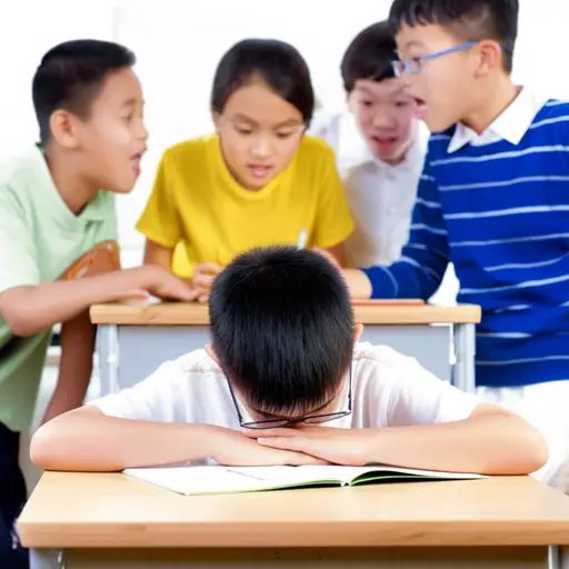那个内向的男孩因为戴眼镜经常被同学欺负。