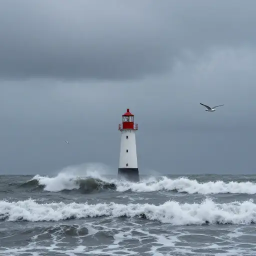 暴风雨期间，海鸥不停地环绕灯塔盘旋。