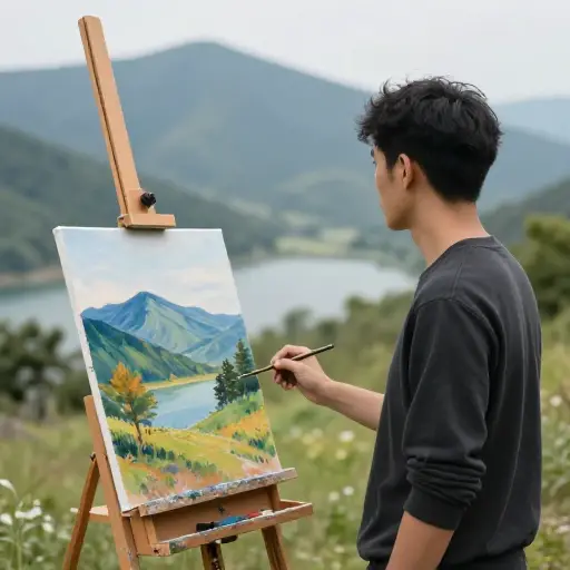 艺术家的凝视被美丽的风景所吸引。