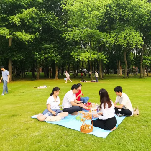 周末我们经常在公园里野餐。