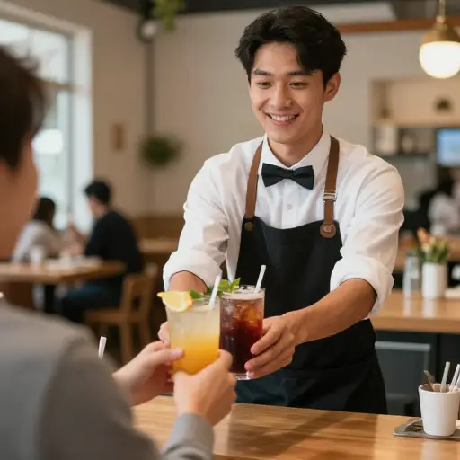 我们的服务员先把饮料端来了。