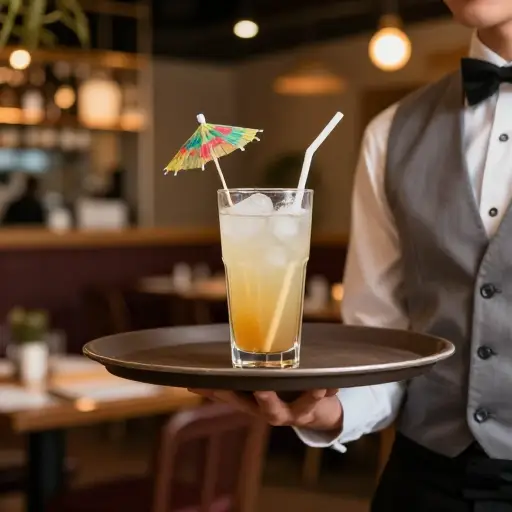 服务员端来一杯新的饮料，配有一根吸管和一把小伞。