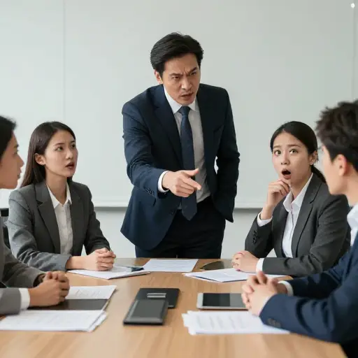 他在会议上突然对同事发火。