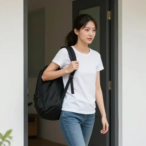 她离开家时，把包甩到了肩上。