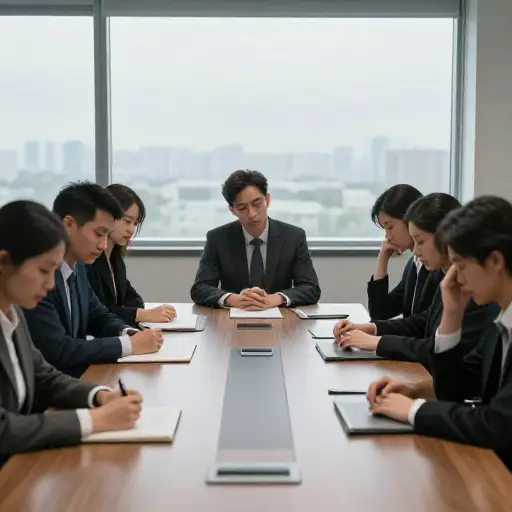 宣布裁员后，房间里的气氛变得严肃而悲伤。