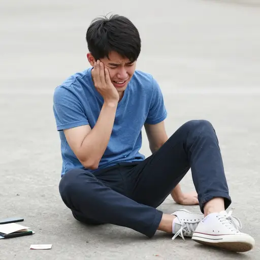 我摔倒时磕裂了牙齿。