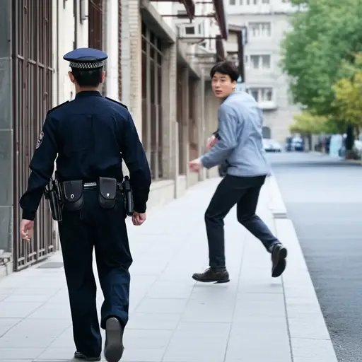 看到警察来了，小偷仓皇逃跑。