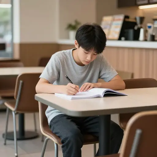 我坐在学校的咖啡室里，看着我的作业，等待其他人出现。