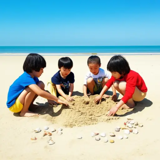 孩子们喜欢在沙滩上埋贝壳。