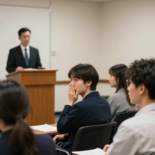 会议进行时，演讲者继续讲话，一名听众努力忍住一个哈欠。
