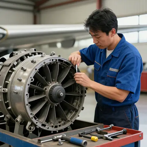 机械师检查了飞机的发动机部件。