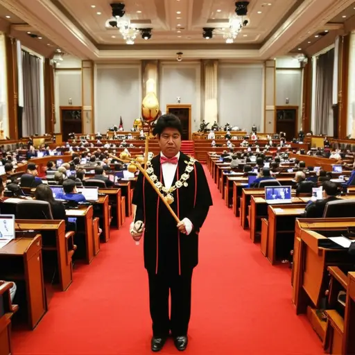 市长手持权杖，庄严地走进了议会大厅。