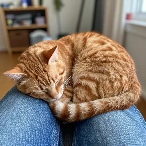 猫蜷缩在我的腿上睡着了。