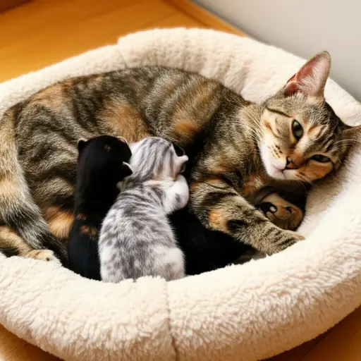 邻居家的猫昨晚产崽了，现在有四只可爱的小猫咪。