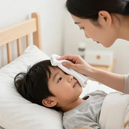 她用湿毛巾给孩子降温。