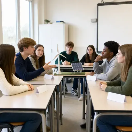 学生们正在课堂上讨论可再生能源的优点。
