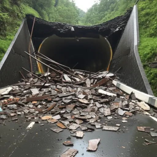 由于暴雨，隧道顶部坍塌了。