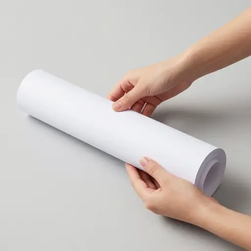 她正在把一张纸卷成一个管状。