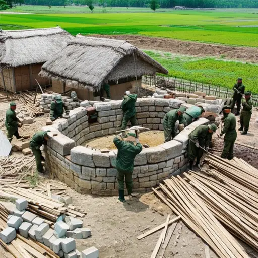 士兵们筑起围墙作为村庄的防御。