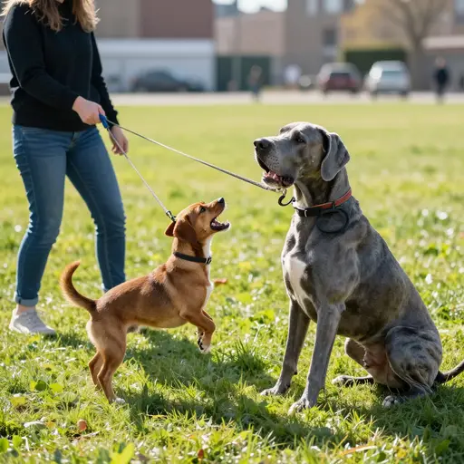 一只好斗的小猎犬猛扑狂吠冲向体型巨大的大丹犬，而后者只是打了个哈欠冷漠地看向别处。