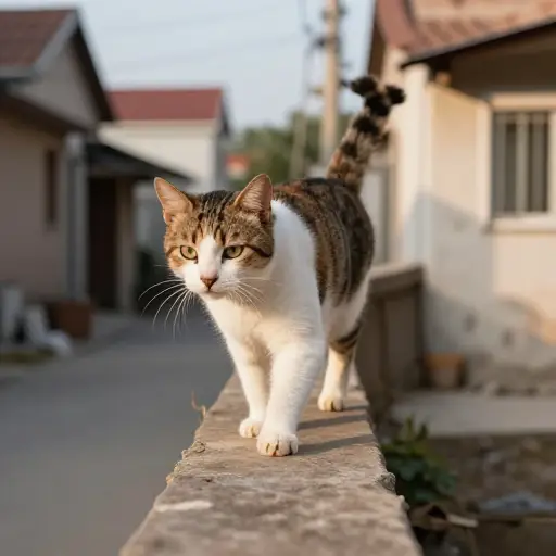 猫小心地在围墙上行走。