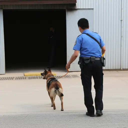 警察用警犬把嫌疑人从仓库里赶了出来。