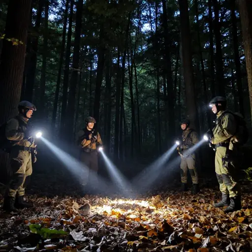 搜救队在夜间用强力手电筒扫描森林地面。
