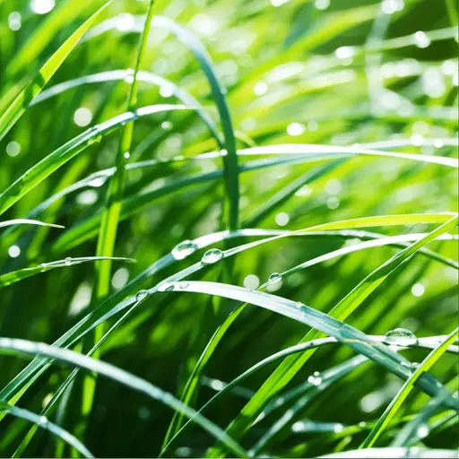 清晨的露珠在草叶上闪闪发光。