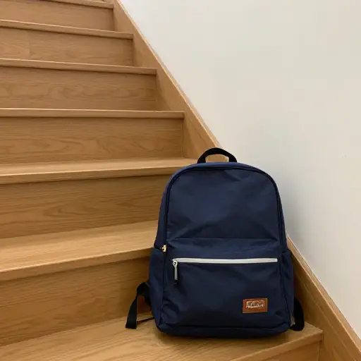 我的书包在楼梯下面。