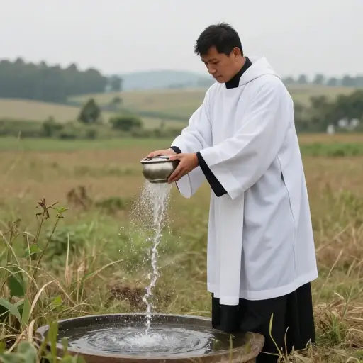 牧师用圣水祝福这片土地，使之成为神圣之地。