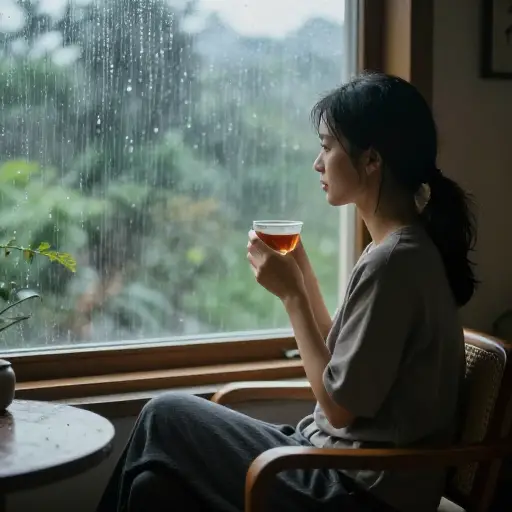她坐在窗边，小口喝着茶，看着窗外的雨。