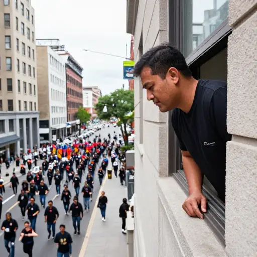 他正探身窗外，观看楼下游行的队伍。