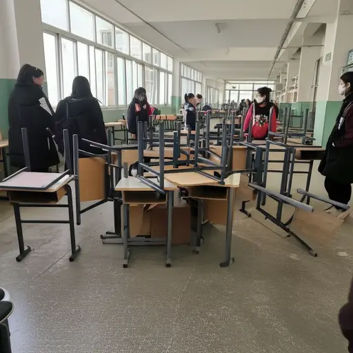 学生们用课桌和椅子在走廊上筑起了一道路障。